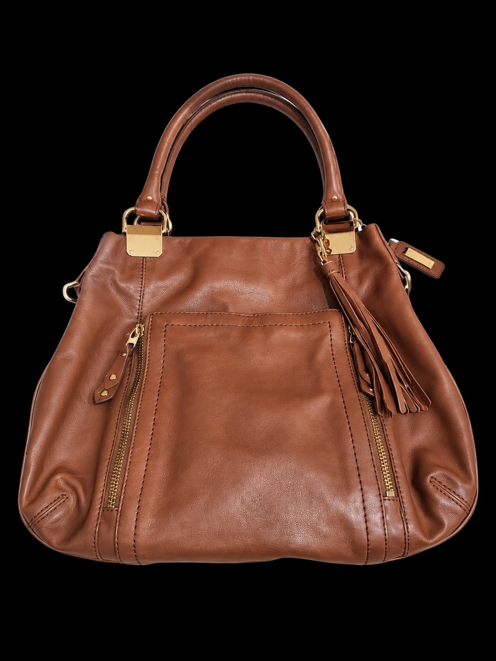 COLE HAAN Brown Leather Tassel Satchel Tote Shoulder Bag Gold Hardware
